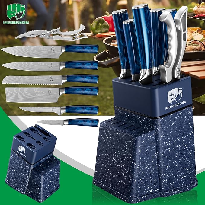 FULLHI 8pcs block Knife Set,chef's Knves Set with Block and Sharpener, Kitchen Knife Set,Multi-colour Handle, Gifts for Men Women
