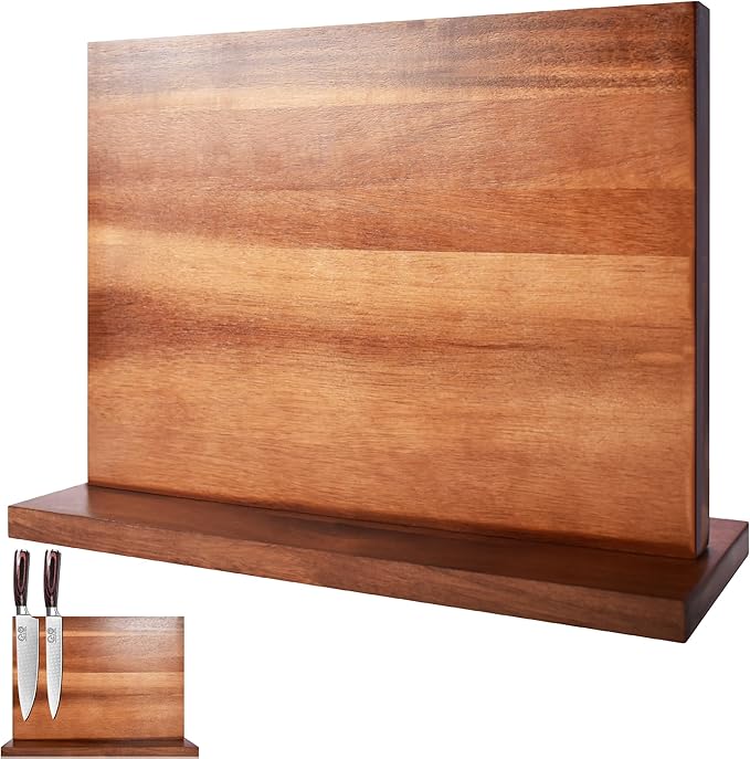 XYJ Extra Large Magnetic Knife Block Acacia Wood Knife Set Holder Stand With Stronge Magnetic Strip Kitchen Knives Storage Rack Organizer Tools No Drilling