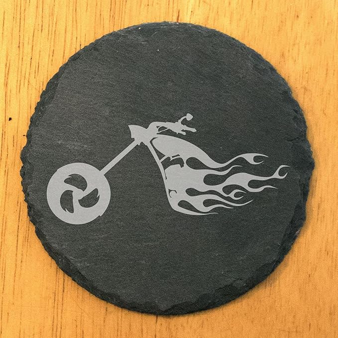 Ride The Fire: Flaming Chopper Motorcycle Coasters - Round Slate - Set of 8