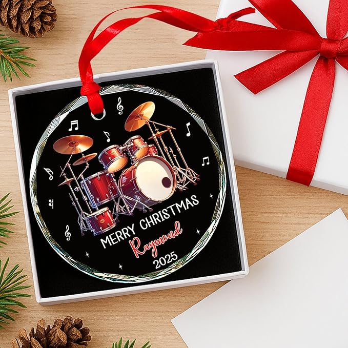 Personalized Drum Glass Ornament Gift for Band Drummer, Musical Instrument Ornament Christmas 2025, Custom Text & Name Drum Player Xmas Glass Keepsake, Instrument Lover Ornaments Christmas Tree Decor