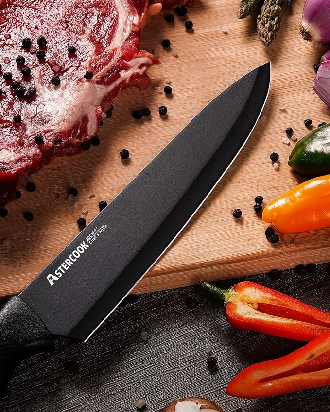 Astercook Knife Set, Kitchen Knife Set with Built-in Sharpener Block, Dishwasher Safe, 15 Pieces German Stainless Steel Knife Block Set, Black