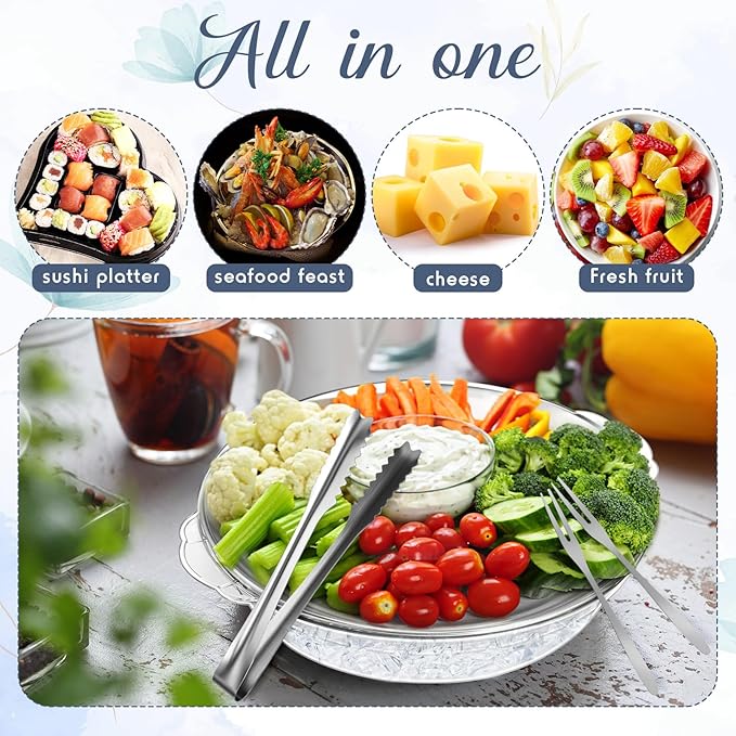 Baderke 6 Sets 11.8" Chilled Serving Tray for Parties Round Iced Platter with Ice Underneath Stainless Steel Clip Fruit Fork Shrimp Cocktail Serving Dish for Oysters Crawfish Fruits (Original)