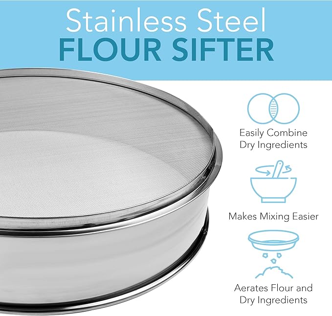 Stainless Steel Flour Sifter Fine Mesh Round Flour Sieve for Baking 16.5" Diameter x 2.88" High; 50 Mesh (Hole Size 0.3mm)