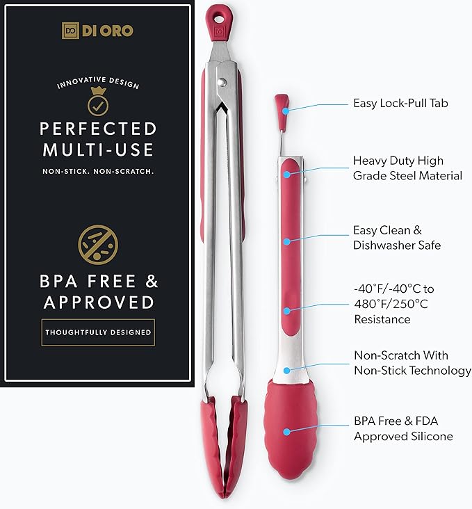 New DI ORO 2-Piece Kitchen Tongs Set (9-Inch and 12-Inch) – Stainless Steel with Non-Stick 480F Heat-Resistant Silicone Tips – Great Tool for Cooking, Serving, and Barbecuing - Dishwasher Safe (Red)