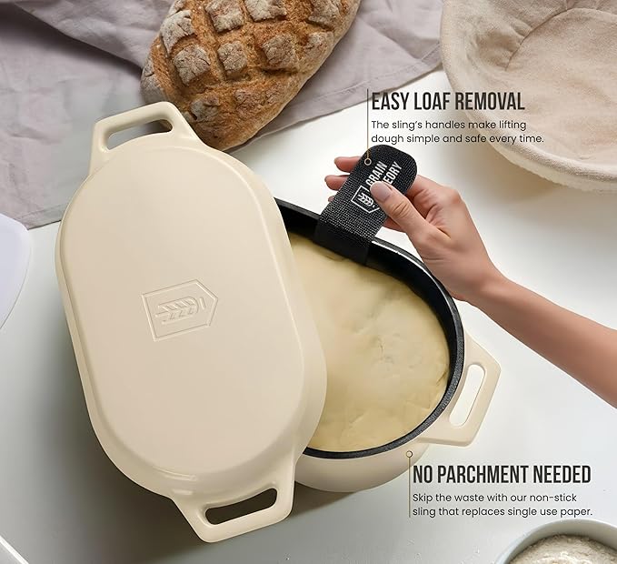 KooK Dutch Oven, for Bread Baking, Sourdough Loaf Pan, with Lid, Dual Handles, Enameled Cast Iron, includes Lid Lever, Dishwasher Safe, 3.4 Qt, Ivory