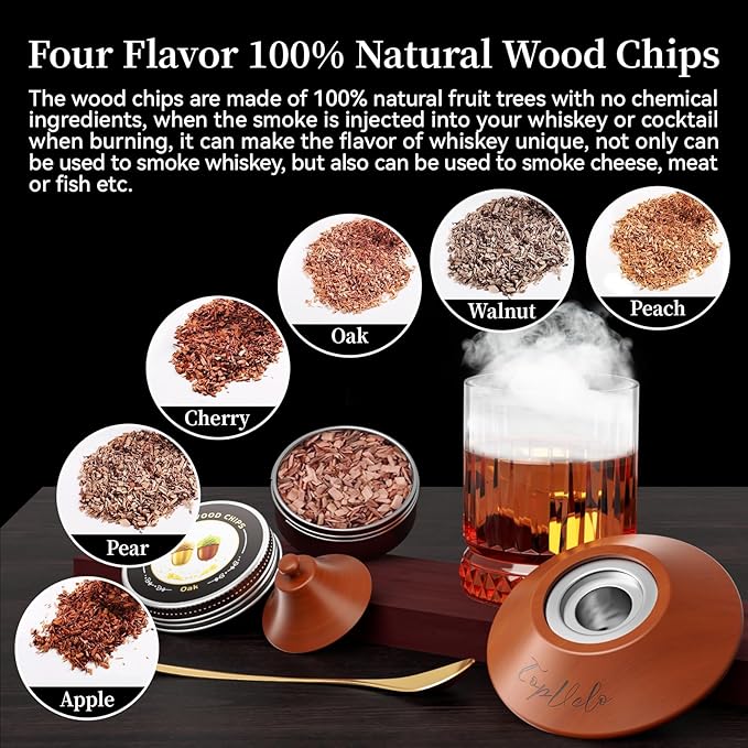 Cocktail Smoker Kit with Torch and Whiskey Glass, 6 Flavors Wood Chips and 3 Whisky Stones for Whiskey & Bourbon, Gift for Husband, Birthday Gift (No Butane), Brown