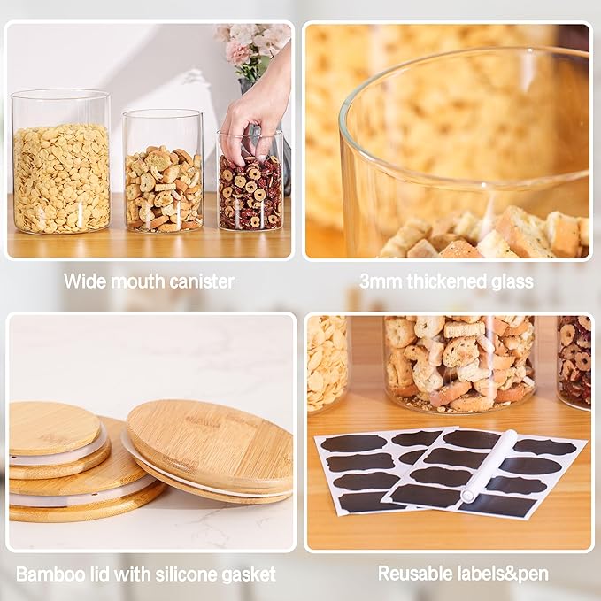 Glass Storage Containers with Lids, Glass Jars with Bamboo Lids, Large Food Storage Jar, Sugar, Pantry Storage Container for Pasta Rice Flour Oats Nuts Tea Spice (Round 27oz*2+54oz*2+100oz*2)
