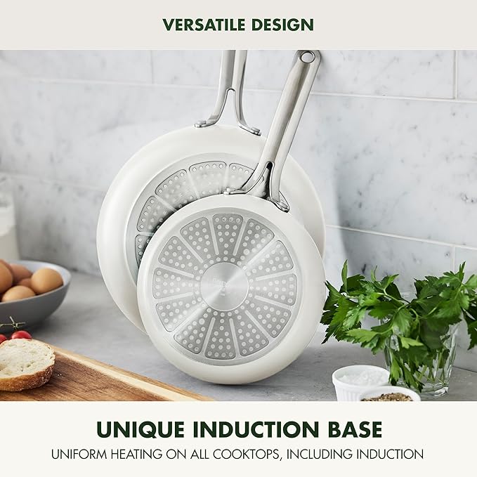 GreenPan Nova 8” & 10” 2 Piece Frying Pan Skillet Set, Oprah’s Favorite Things 2024, Induction Suitable PFAS-Free Nontoxic Ceramic Nonstick, Dishwasher & Oven Safe, Quick Even Heating, Cream White