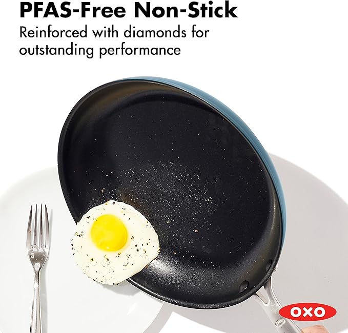 OXO Enhanced 12” Nonstick Frying Pan Skillet, PFAS-Free Ceramic, Oven & Broiler Safe to 600°F, Durable Hard Anodized Cookware, Stainless Steel Handle, Dishwasher Safe, Storm Blue