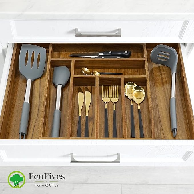Luxury Acacia Kitchen Drawer Organizer - Silverware Organizer - Utensil Holder and Cutlery Tray with Grooved Drawer Dividers for Flatware and Kitchen Utensils (8 Slot), 17*12.4*2 inch
