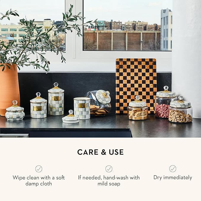MACKENZIE-CHILDS Sterling Check Kitchen Canister, Decorative Gray-and-White Glass Storage Jar with Lid, Large