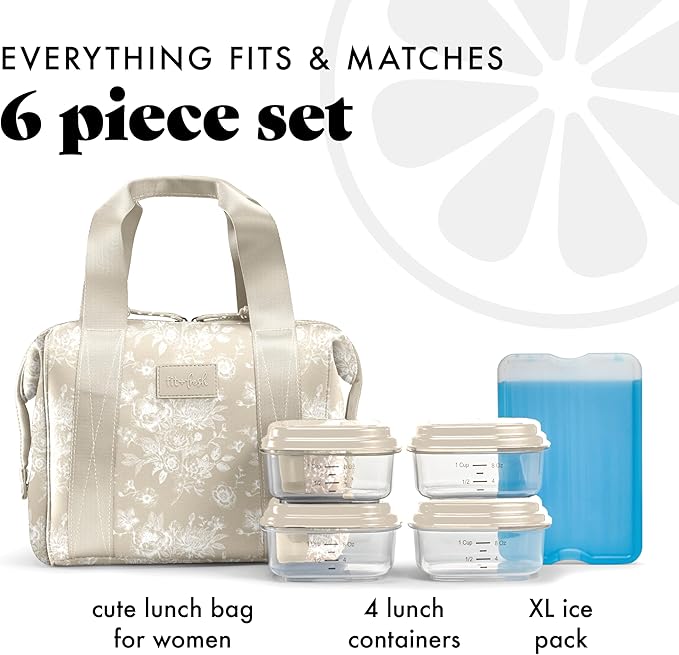 Fit & Fresh Remi Neoprene Lunch Bag For Women - Meal Prep Kit with Containers & XL Ice Pack, Self Insulating Neoprene-like Material, Machine Washable Lunch Bag, Tear & Stain-Resistant, Tan Toile