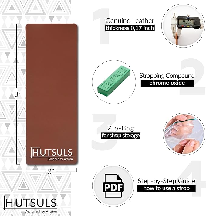Hutsuls Brown Leather Strop with Compound - Get Razor-Sharp Edges with Stropping Kit, Green Honing Compound & Vegetable Tanned Two Sided Knife Sharpener Step-by-Step Guide Included