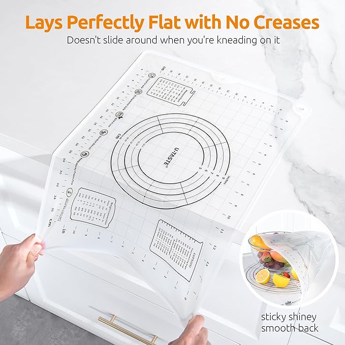 U-Taste Liquid Silicone Pastry Mat: 16"x20" Food-Grade Non-Stick Dough Rolling Baking Sheet, Non Slip for Kneading Prep Pizza, Fondant, Pie Crust with Clear Measurement and Raised Edges (Transparent)
