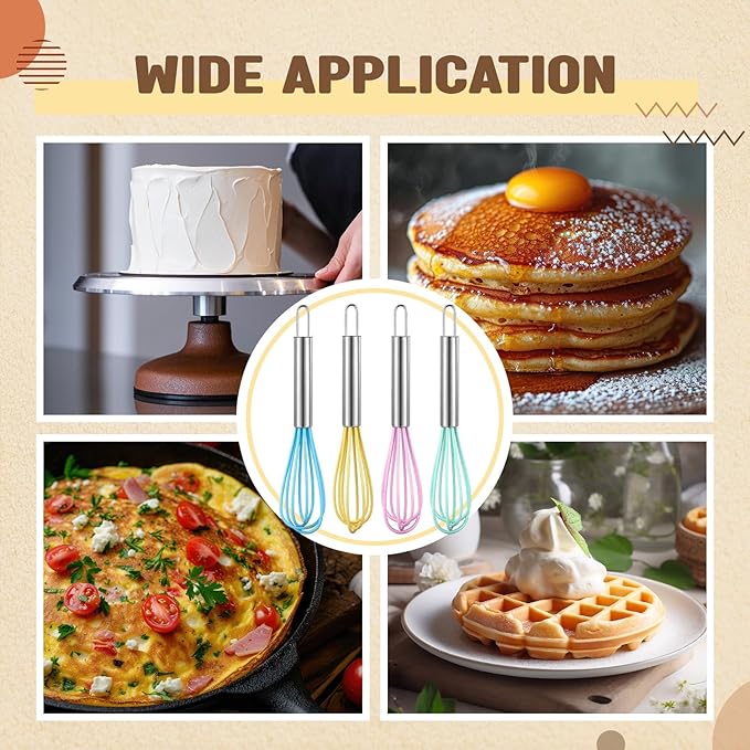 Baderke 12 Pcs 6 Inch Mini Whisks Bulk with Stainless Steel Handles Small Silicone Kitchen Whisks Non Stick Tiny Balloon Wire Whisk for Mixing Stirring Baking Cooking Party Favor Gift(Macaron)