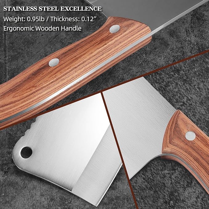 KOFERY Heavy-Duty 7-Inch Meat Cleaver Knife for Bones and Meat - High Carbon Stainless Steel Butcher Knife with Wooden Handle - Lightweight Full-Tang Chinese Cleaver for Powerful Cutting