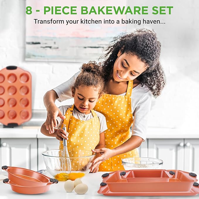 NutriChef 8 Piece Baking Pans Set - Nonstick Carbon Steel Bakeware Set w/ Silicone Heat-Safe Handles - Includes Loaf Pan, Muffin Pan, Cookie Sheets, Pizza Crisper, Roasting Pans - Rose Gold