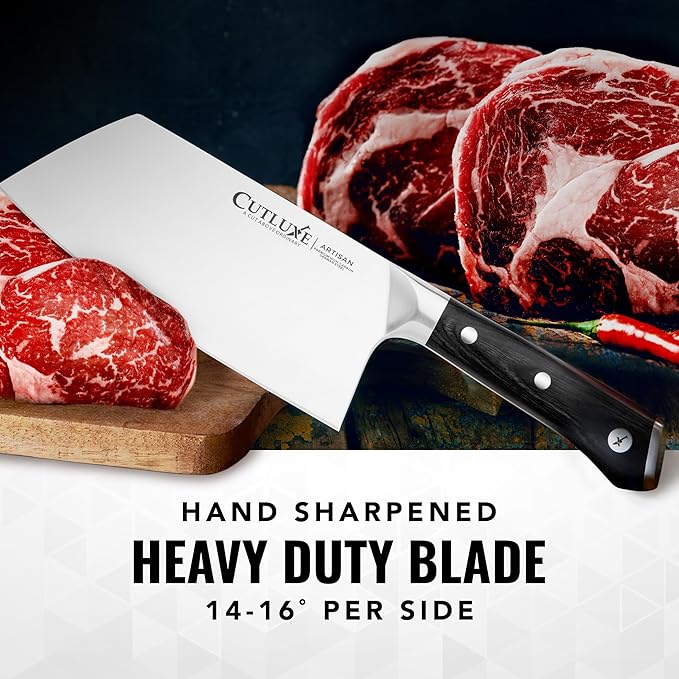 Cutluxe Meat Cleaver Knife - 7" Heavy Cleaver Butcher Knife, Razor Sharp German Steel Blade, Full Tang, Ergonomic Handle Design – Artisan Series