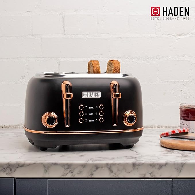Haden Heritage 4 Slice Wide Slot Stainless Steel Toaster Bundled with 1.7 Liter Stainless Steel Electric Water Kettle, Black & Copper