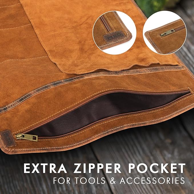 ELIZO Leather Knife Roll Bag Professional Chef Knife Case, Durable Knife Sheath Holder, Cooks & Culinary Tools Carrying Storage, Portable Knife Wrap - 4 Slots (Saddle)