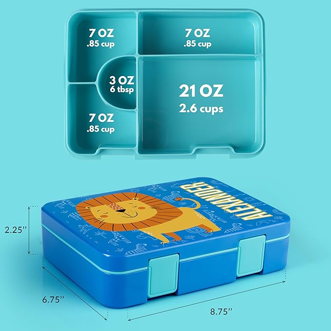 Personalized Bento Box for Kids with Safari Icon and Name - Royal Blue - 5 Compartments Drop-Proof Bento Box, Dishwasher Safe, Made with BPA-Free Materials, Bento Lunch Box for Kids and Toddlers
