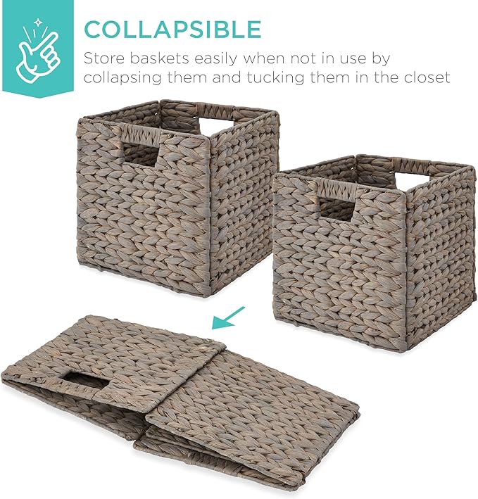 Best Choice Products 10.5x10.5in Pack of 5 Cube Storage Baskets, Water Hyacinth Multipurpose Collapsible Organizers, Handwoven Laundry Totes for Laundry, Living Room, Kids Room & Nursery - Gray