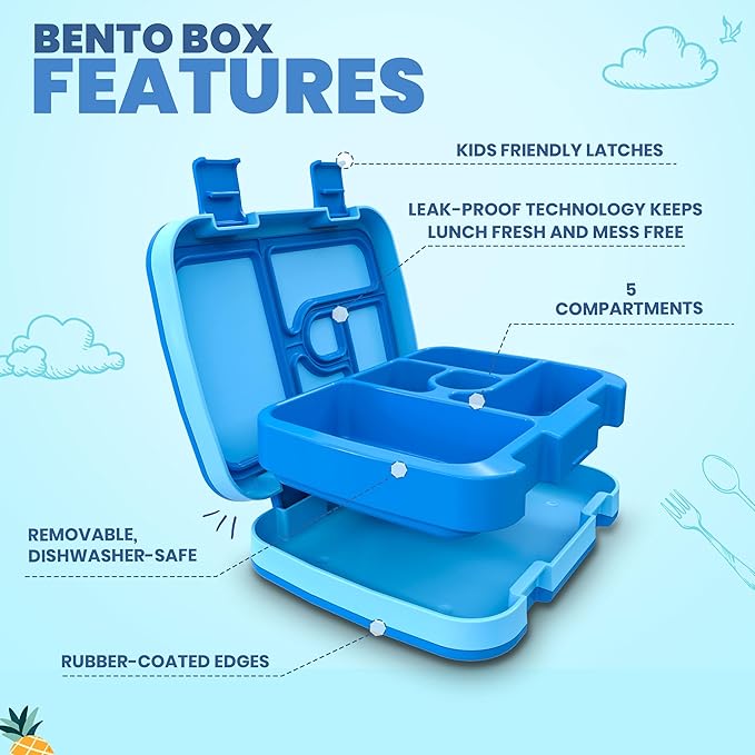 YOLAY Bento Box for Kids Lunch Box Leak-Proof, 5-Compartment Lunch Box Kids for Ages 3-10, Durable with Anti-Slip Base, Suitable for Schools, Outdoor and Travel (Sharks)