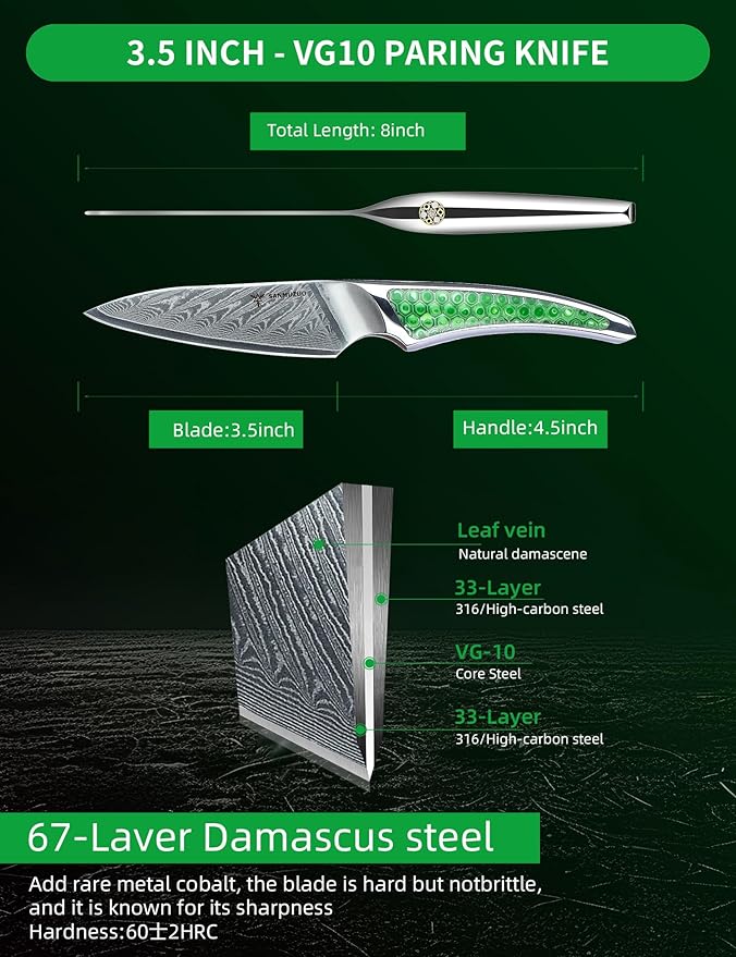 3.5 inch Paring Knife, Japanese VG-10 Damascus Steel Kitchen Knife, Ultra Sharp Fruit Knife with Full-tang Handle in Green Resin, LA-S9 Series