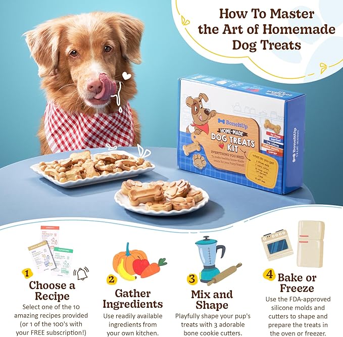 BoneItUp Dog Treat Making Kit – All-in-One DIY Cookie Set with Reusable 4 Silicone Dog Treat Molds, 3 Cutters, 10 Recipes & Gift Bags – Make Healthy Homemade Treats for Dogs