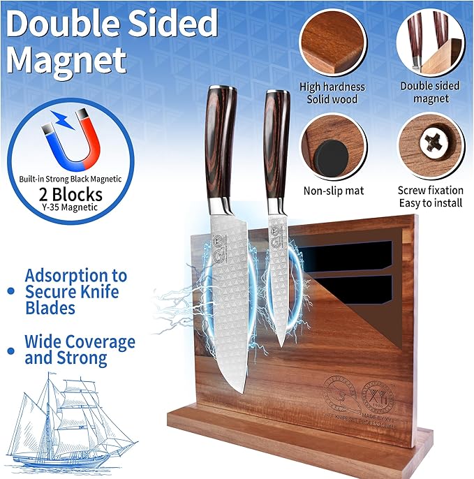 XYJ Authentic Since 1986, Magnetic Knife Block, Double Side Kitchen Knife Stand, Acacia Wood, Magnetic Knife Holder with Strong Enhanced Magnets,Knives Storage Rack Stand for Home Kitchen
