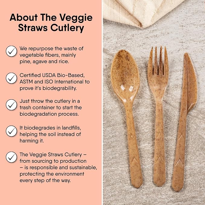 100% Biodegradable Cutlery Made of Vegetable Fibers, 300 PCS of 6.7” Long Heavy-Duty and Splinter Free Eco-Friendly Spoons, Forks & Knives, Perfect Sustainable Cutlery by The Veggie Straws