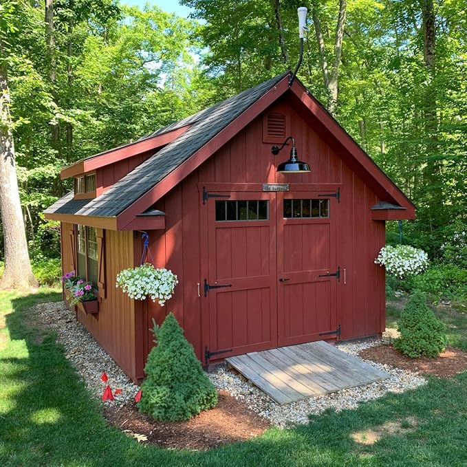 Steel Lighting Co. Gardena Barn Light | Outdoor Wall Mounted | 16" Dome | 11" Straight Arm | Farmhouse Light Made in America | Navy Blue Exterior/Brass Interior