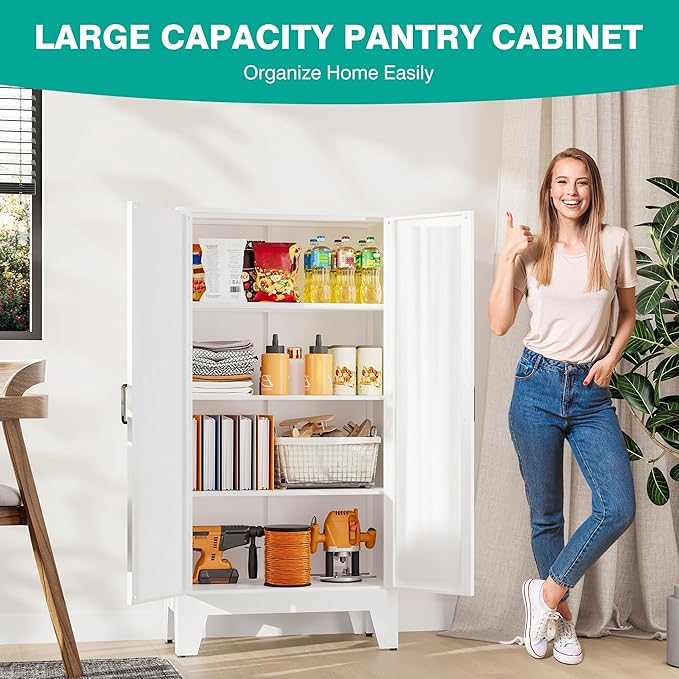 Metal Storage Cabinet with 2 Doors and 3 Shelves,White Pantry Storage Cabinet with Legs,Farmhouse Pantry Cabinets Cupboard,Bathroom Cabinets for Home,Kitchen,Dining/Living Room (47.3" H)