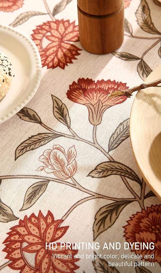 ISAENNE Designer French Long Rectangular Tablecloth,Linen Orange Floral Pattern Indoor Table Cloth,Wrinkle Resistant Decor Table Cloth for Dining Thanksgiving Kitchen Party,63"*94"-Alvarado D