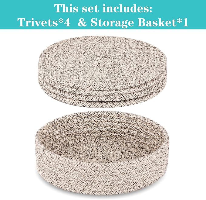 Trivets for Hot Dishes, Pots and Pans, Hot Pads with Storage Basket, Pot Holders for Kitchen, Heat Resistant Mat Protect Counter Home Essentials, Farmhouse Decor (Brown 4 PCS)