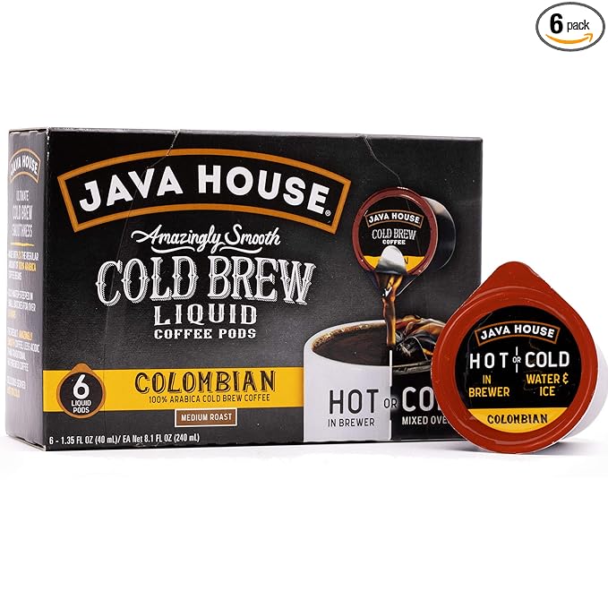 Java House Single-Serve Cold Brew Coffee Pods – 100% Arabica Liquid Concentrate – Smooth & Bold Colombian Roast – 6 Pods – Ready Hot or Iced, TSA Approved