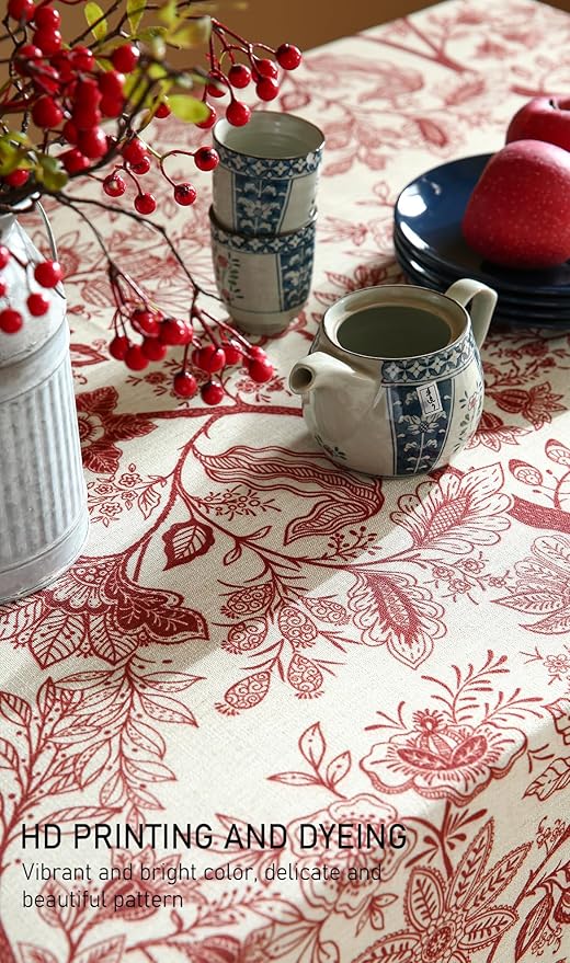 ISAENNE Designer French Linen Extra Long Rectangle Tablecloth,Red Floral Washable Indoor Table Cloth,Durable Home Decor Tablecloths for Dining Thanksgiving Kitchen Party,67"*118"-Ruyi A