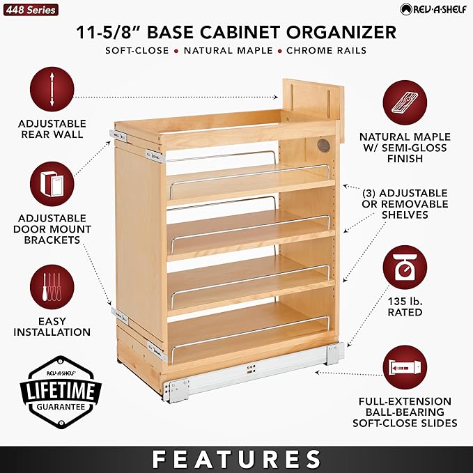 Rev-A-Shelf 11" Pull Out Storage Organizer for Base Kitchen/ Bathroom Cabinets w/ Soft-Close Full Extension Slides & Adjustable Shelves, 448-BCSC-11C