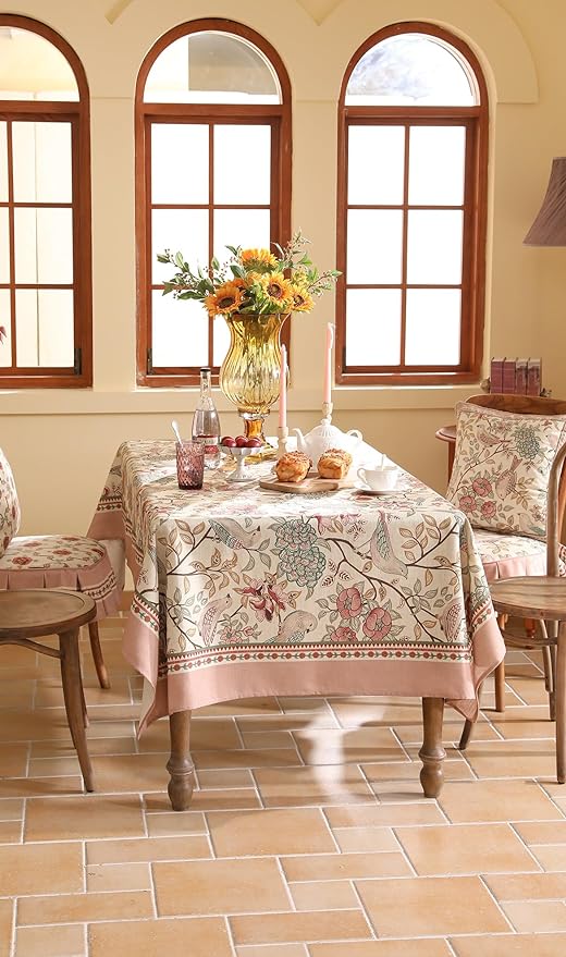 patdrea Designer Pink Linen Table Cloth for Rectangle Table,Vintage Floral with Birds Pattern Decorative Tablcloth,French Table Cover for Kitchen Dining,Thanksgiving,Christmas,63"x102"-Kulom a