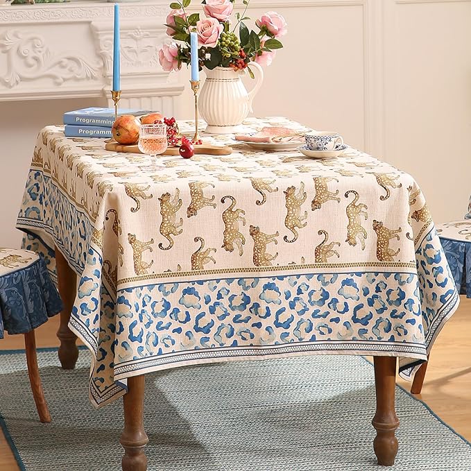 patdrea Designer Vintage Linen Table Cloth for Rectangle Table,Leopard Animal Pattern Soft Breathable Tablecloth,Decor Cover for Kitchen Dining,Christmas,Parties,Thanksgiving,63"x87"-from