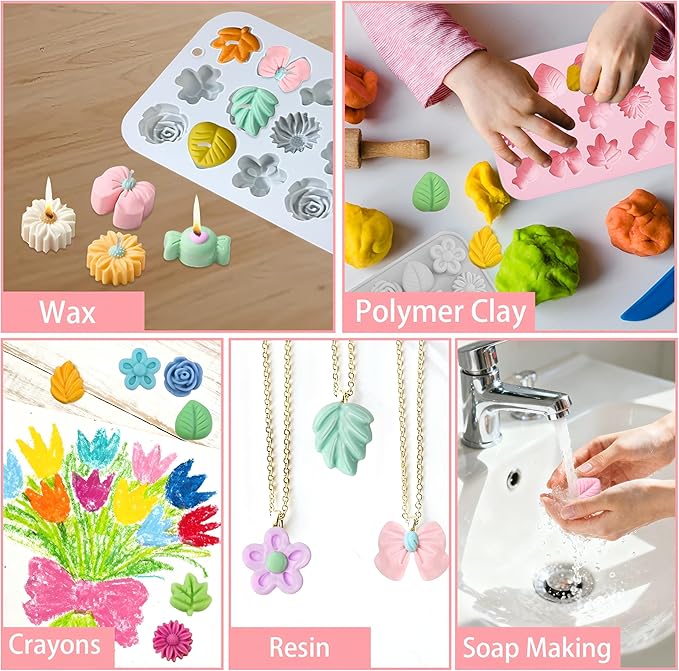 2PCS Silicone Flower Molds,Flower Chocolate Mold,Rose Leaf Tulip Daisy Bow Tie Candy Molds Silicone Gummy Jello Ice Cube Baking Soap Pudding Cookie Molds for Desserts Making,Cupcake Toppers,Cake Decor