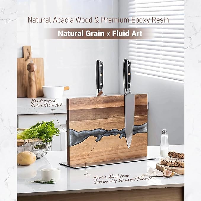 Magnetic Knife Block Holder for Countertop, No Drill Acacia Wood Stand with Epoxy Resin Art & Strong Magnets - Fits Chef Knives & Scissors (No Knives Included)