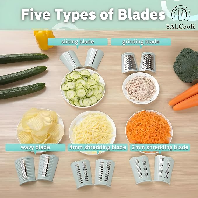 5-in-1 Manual Rotary Cheese Grater with Handle – Stainless Steel Blades for Slicing, Shredding, Grinding & Wavy Cuts – Strong Suction Base, Blade Storage Box – Green