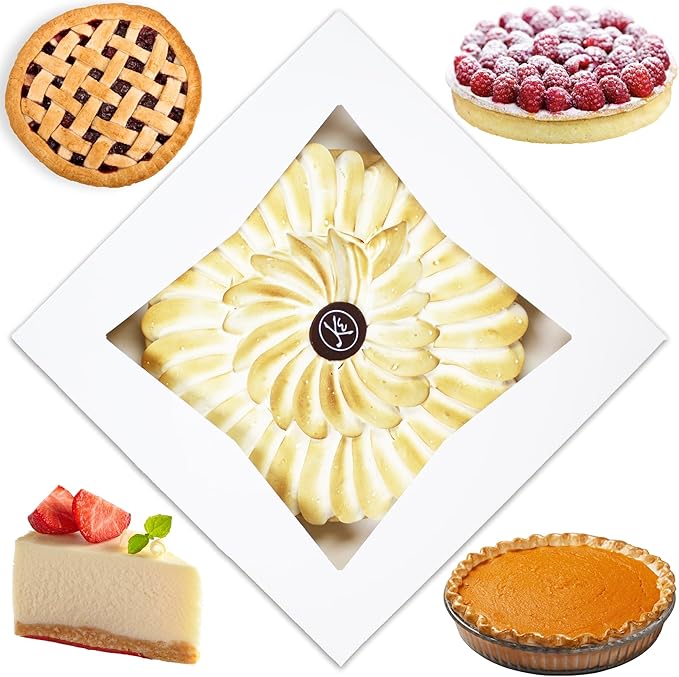 BAKELUV Pie Boxes for 9 Inch Pie | White, 12 Pack | 9x9x2.5 Bakery Box with Window, 9x9 Cookie Box, 9 Inch Pastry Boxes with Window Bulk, Cake Boxes, Auto Pop Up