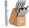 Kuisine Sharp Chef Knife Set with block, One piece Molding High Carbon Stainless Steel Forged,Ergonomic Non-slip Handle Knife Block Set with built-in Sharpener Upgraded (Silver Nature,15PCS)