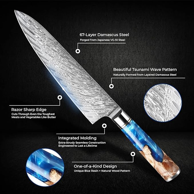 SENKEN 15-Piece Damascus Knife Block Set - "Tsunami" Collection Japanese Chef Knife Set - 67-Layer Japanese VG10 Steel Blades, Includes Chef Knife, Cleaver, 6 Steak Knives (15-Piece Knife Block Set)