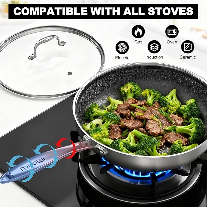 imarku Non Stick Frying Pans, 12" Stainless Steel Pan, Hybrid Skillet with Lid, Deep Larger Saute Pan, Dishwasher & Oven Safe, Induction Compatible Cooking Pan, PFOA Free