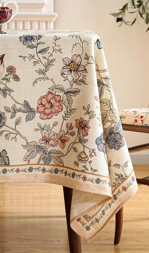 ISAENNE Designer French Light Beige Long Tablecloth Rectangle,Linen Florals and Birds Pattern Table Cloth,Anti-Wrinkle Decorative Tablecloths for Dining Thanksgiving Kitchen,63"*94"-Cornucopia