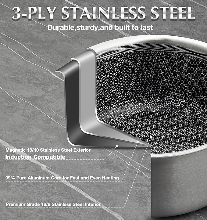 KOCH SYSTEME CS Hybrid Nonstick Stainless Steel Saucepan, 2 Quart Tri-Ply Stainless Steel Sauce Pan with Nonstick Honeycomb Interior, Hybrid Sauce Pan with Lid, Small Steel Pot, Induction Compatible