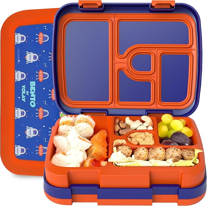 YOLAY Bento Box for Kids Lunch Box Leak-Proof, 5-Compartment Lunch Box Kids for Ages 3-10, Durable with Anti-Slip Base, Suitable for Schools, Outdoor and Travel (Robo)